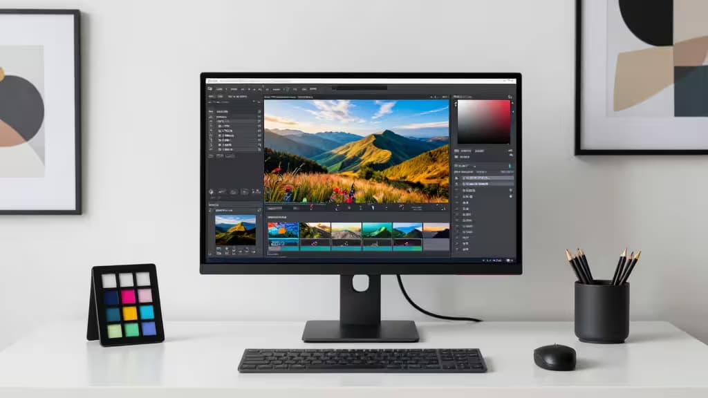 Espacio de trabajo de edición de fotos con un monitor calibrado mostrando una fotografía de paisaje, iluminación suave de estudio y escritorio minimalista.