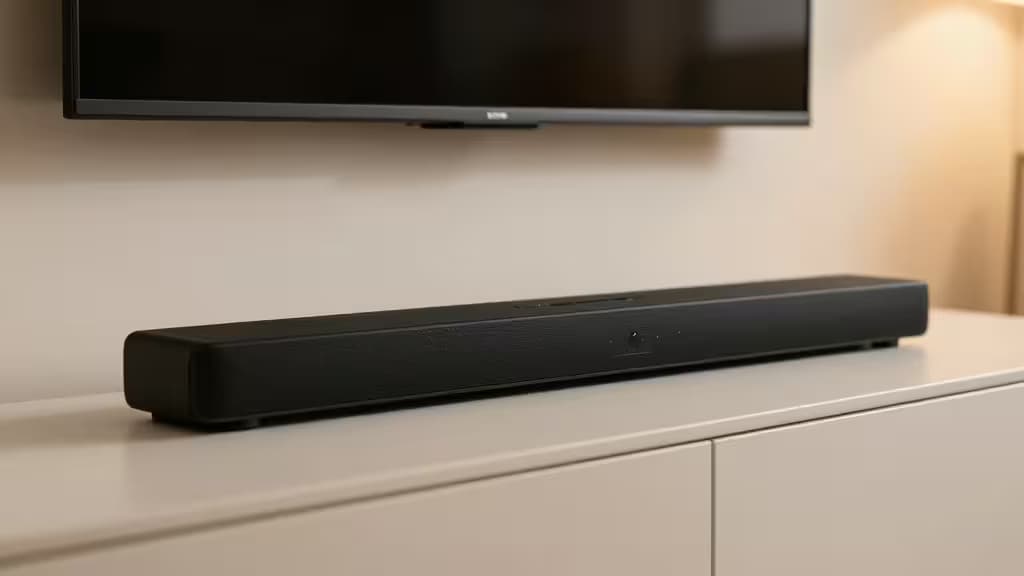 A sleek soundbar resting on a minimalist TV console beneath a wall-mounted flat-screen television in warm ambient lighting.