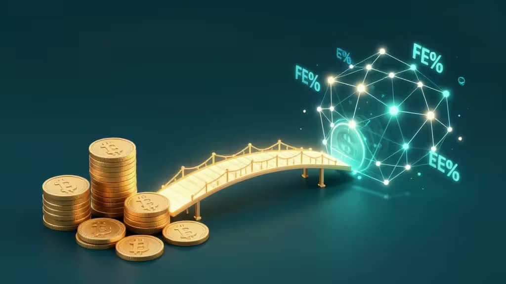 Golden Bitcoin coins bridge to a glowing network displaying fee percentages, symbolizing transparent crypto on-ramp comparisons.