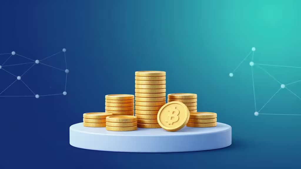Pile de pièces dorées sur un piédestal blanc sur fond dégradé bleu-vert avec réseau de nœuds, symbolisant la croissance du rendu crypto.