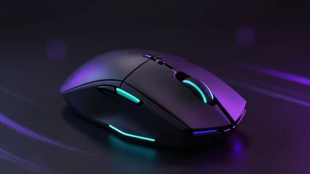 A sleek black gaming mouse with vibrant RGB lighting accents rests on a dark surface.
