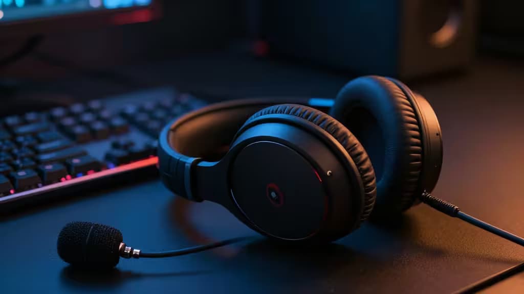 A wired gaming headset with a boom microphone resting on a desk beside a PC keyboard under moody blue and orange lighting.