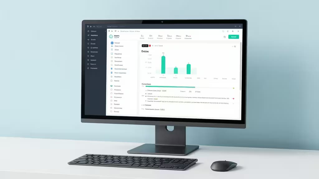 Een strak monitorbeeld toont een MongoDB-dashboardinterface op een minimalistische bureau-opstelling.