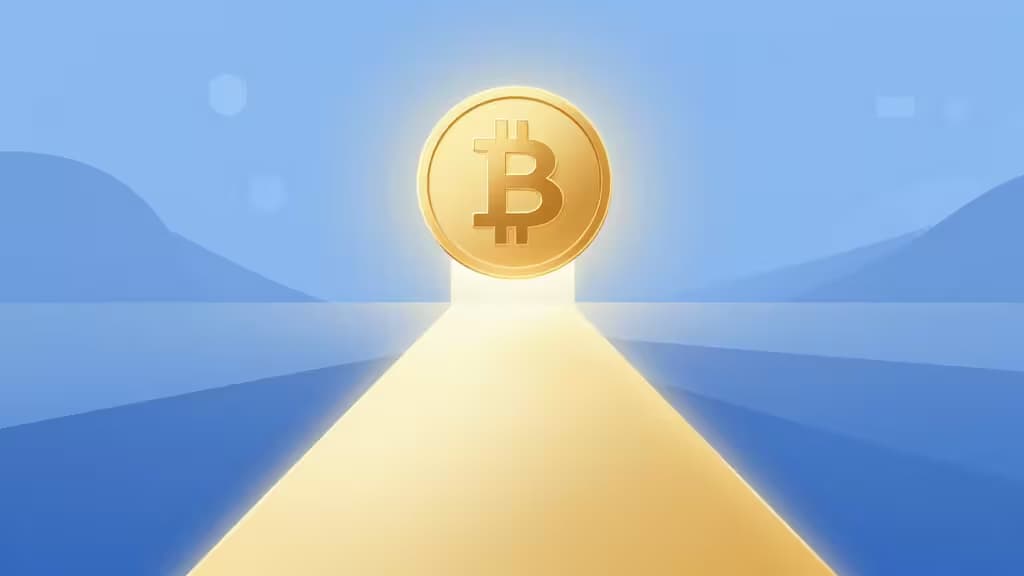 Abstrakte Illustration eines erleichterten Krypto-Einstiegs: ein leuchtender Pfad aus goldenem Licht führt durch eine digitale Landschaft aus geometrischen Formen nach oben.