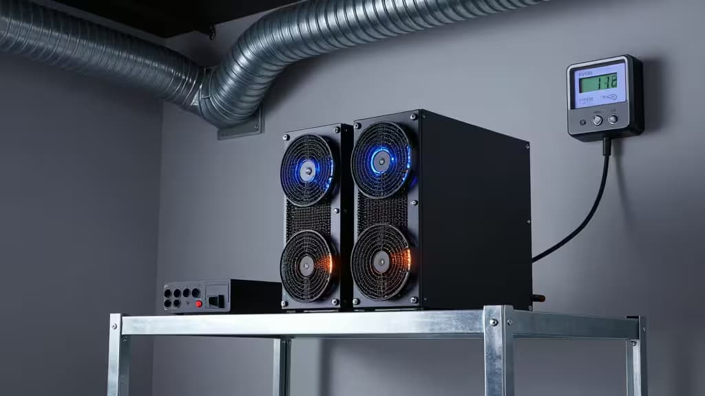 Zwei schwarze ASIC-Miner mit blauen und orangefarbenen Lüftern stehen auf einem Metallregal, verbunden mit einem wandmontierten Stromzähler.