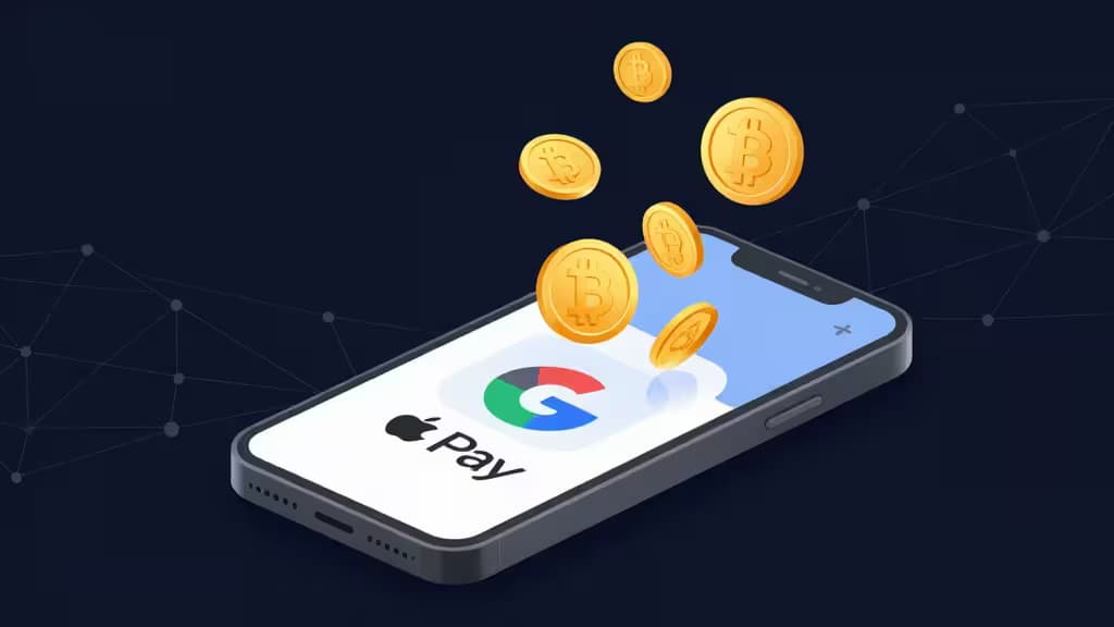 Złote monety Bitcoin unoszą się nad smartfonem wyświetlającym loga Apple Pay i Google Pay na ciemnym tle z liniami sieci blockchain.