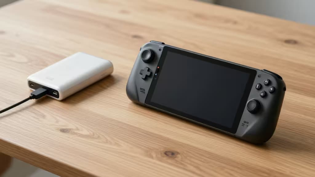 Steam-Deck-Konsole neben einer portablen Power Bank mit USB-C-Kabel auf einem Holztisch