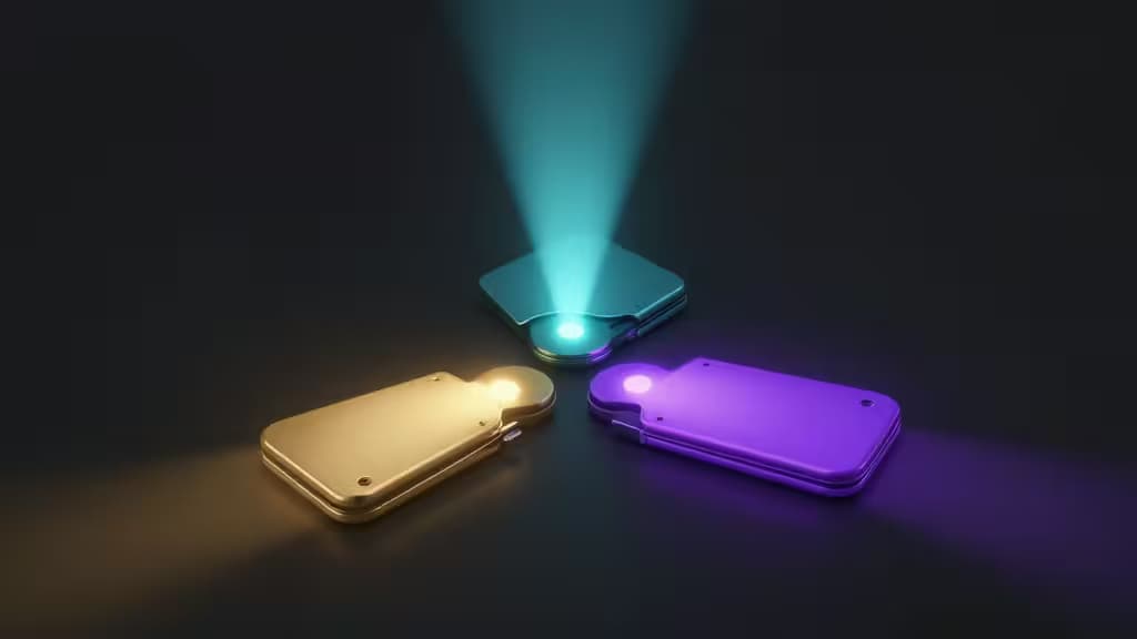 Three metallic hardware wallets glow gold, cyan, and purple in a triangular formation on a dark surface.