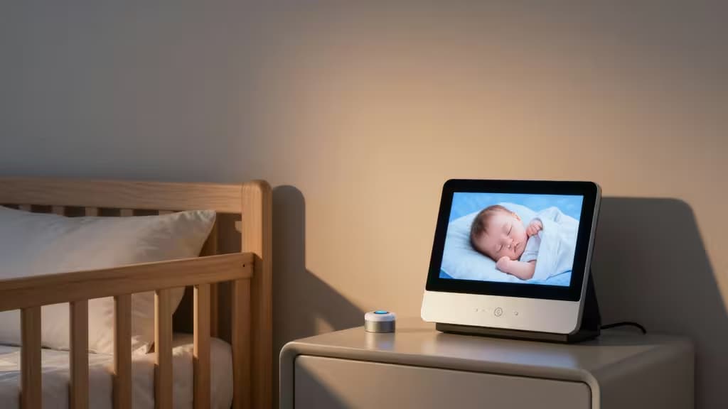 A sleek white smart baby monitor displays a sleeping infant on its screen, positioned beside a wooden crib on a nightstand, illustrating seamless home integration.