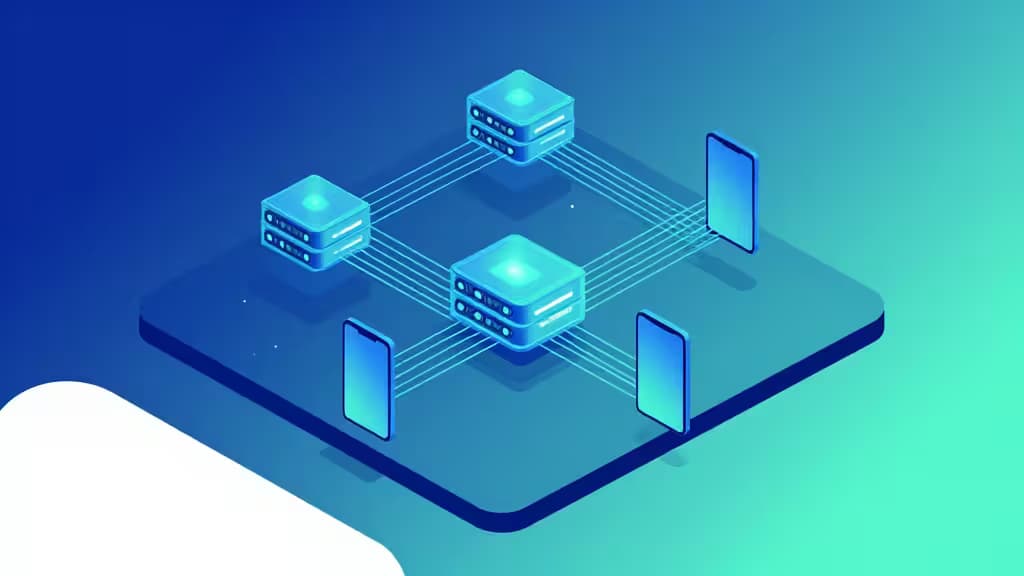 Cubi server blu luminosi collegati tramite fasci di luce a tre smartphone su una piattaforma fluttuante contro uno sfondo a gradiente.