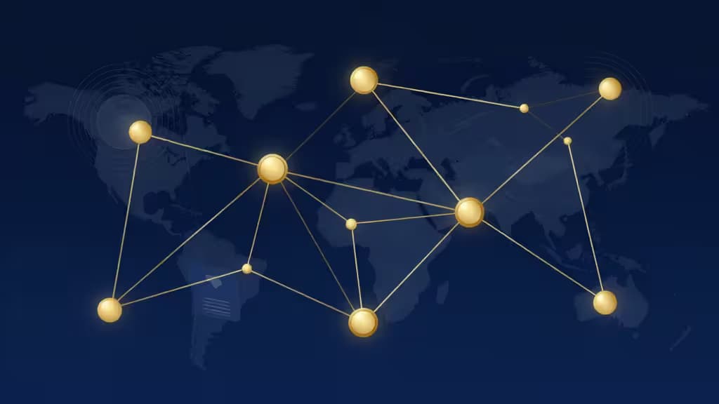 Golden nodes connect globally on a dark map, symbolizing crypto payment networks for subscriptions.