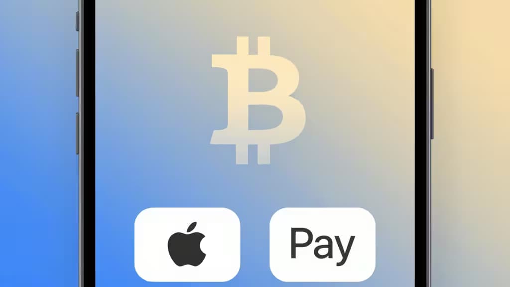 A smartphone screen displays a Bitcoin symbol above Apple Pay and Google Pay logos, illustrating digital currency transactions via mobile payment platforms.