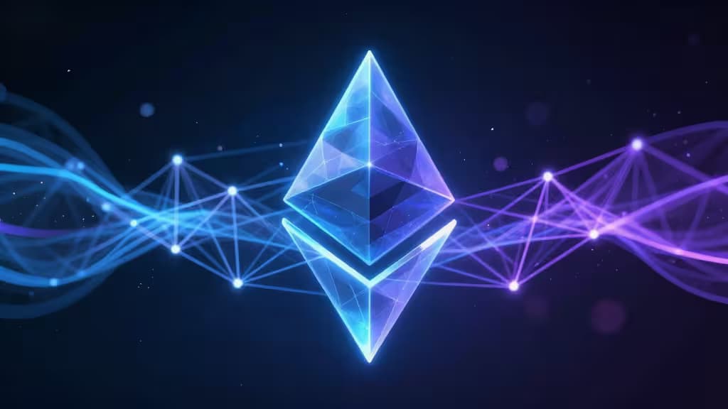 Abstrakcyjna wizualizacja sieci restakingu Ethereum — świetlista kratka geometryczna z połączonymi węzłami na ciemnym tle