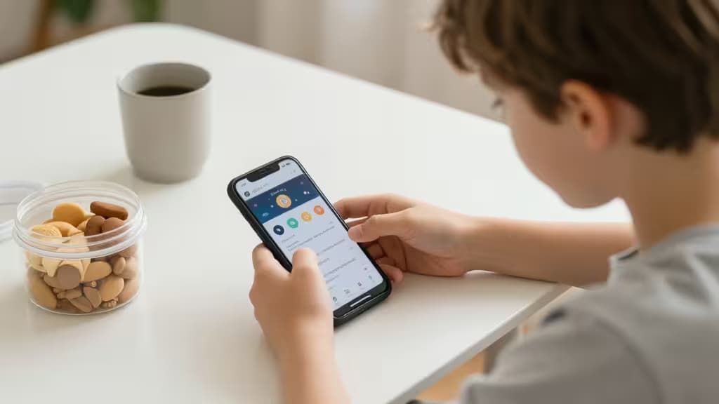 Alleenstaande ouder met kind aan keukentafel, smartphone met budget-app naast spaarpot, warme huiselijke sfeer