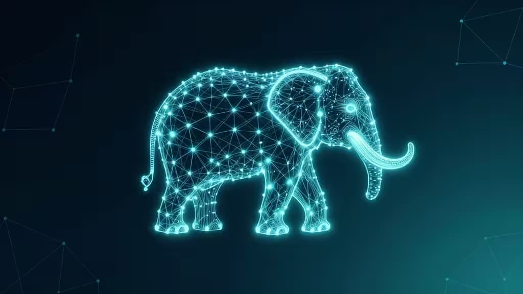 Ein leuchtendes Wireframe-Elefanten-Symbol für PostgreSQL schwebt vor einem dunklen digitalen Hintergrund mit Netzwerkknoten.