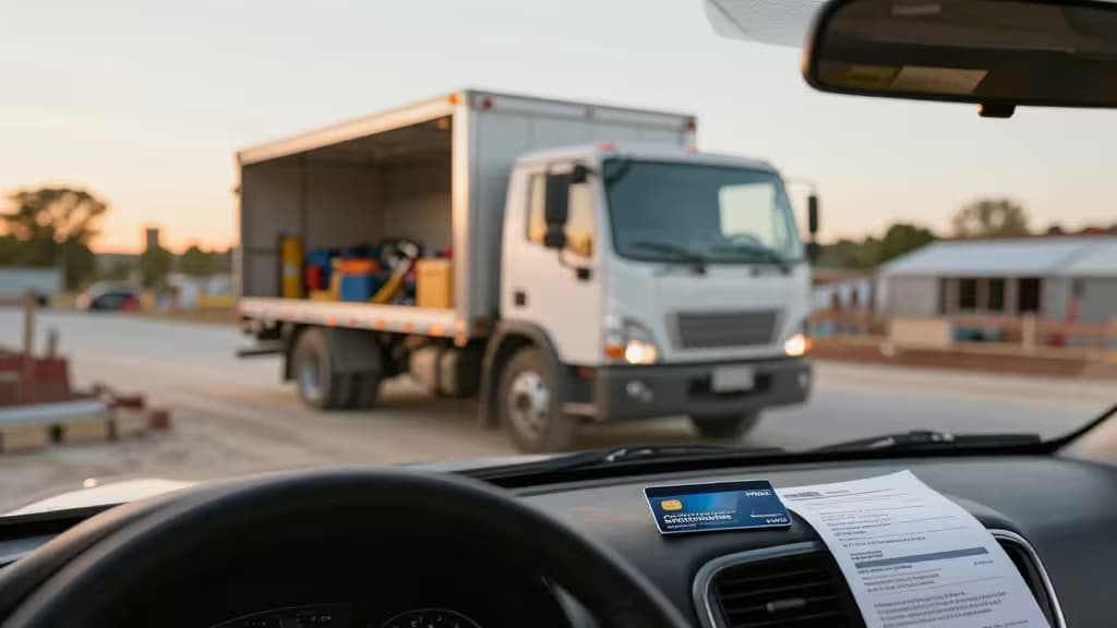 Un camion de chantier chargé d'outils, vu depuis l'intérieur d'une voiture avec une carte bancaire professionnelle posée sur le tableau de bord.
