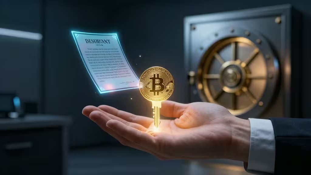 A hand holds a glowing Bitcoin key, with a holographic document and vault in the background.