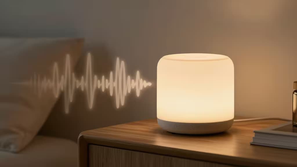 A glowing smart speaker sits on a wooden nightstand, emitting warm light and visualizing sound waves for accessibility.