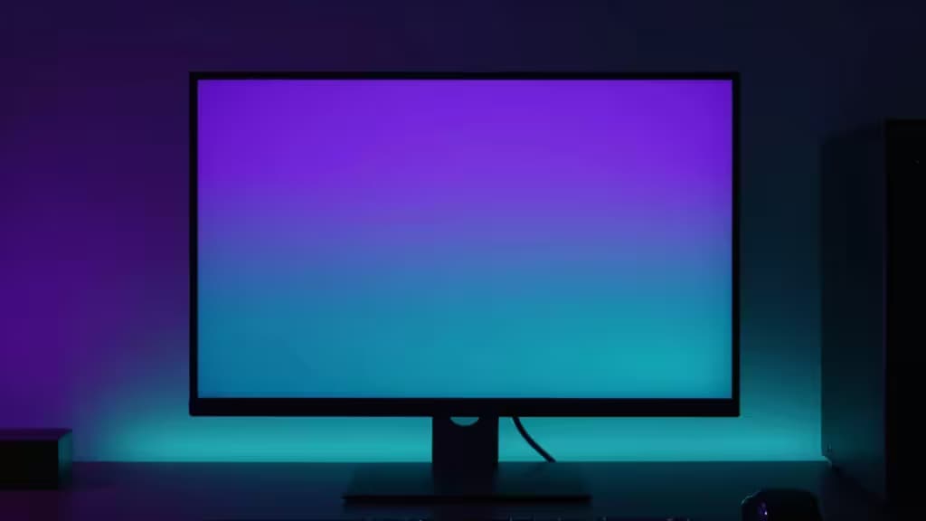 Elegancki monitor wyświetla żywy gradient od fioletu do niebieskiego, podkreślony przez otaczające oświetlenie RGB, które rzuca miękką poświatę na okoliczną ścianę.