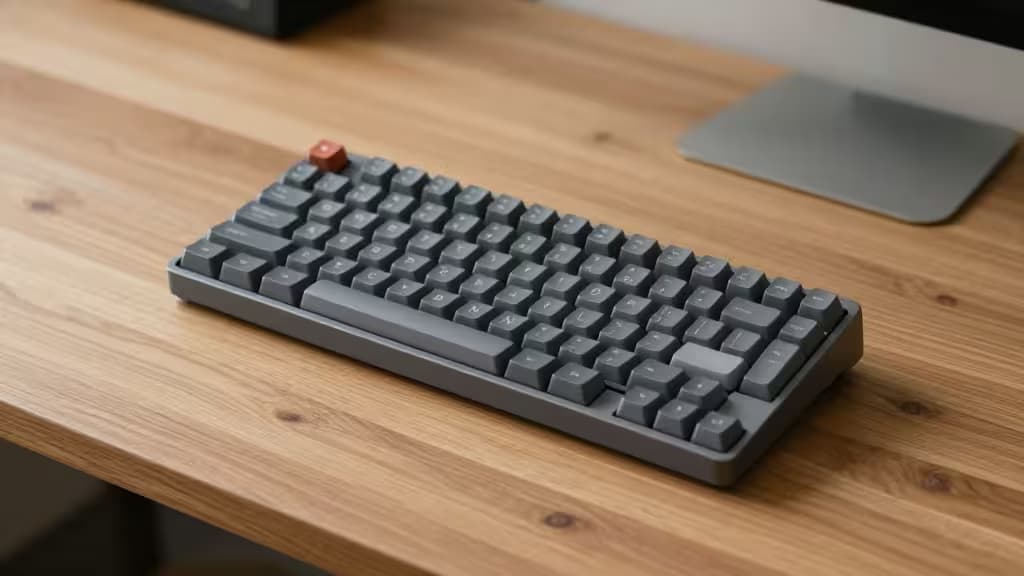 A slim, low-profile mechanical keyboard with a compact 75% layout resting on a minimalist wooden desk, photographed from above in warm natural light.