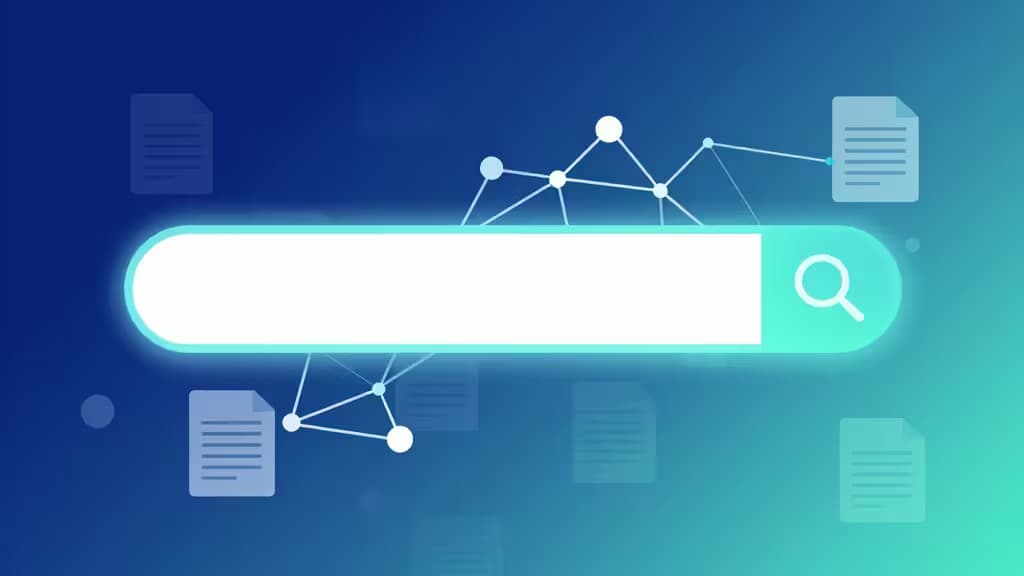 Illustration abstraite d'une barre de recherche IA avec des nœuds de réseau de neurones se ramifiant vers des pages de documentation, dégradé bleu vers turquoise