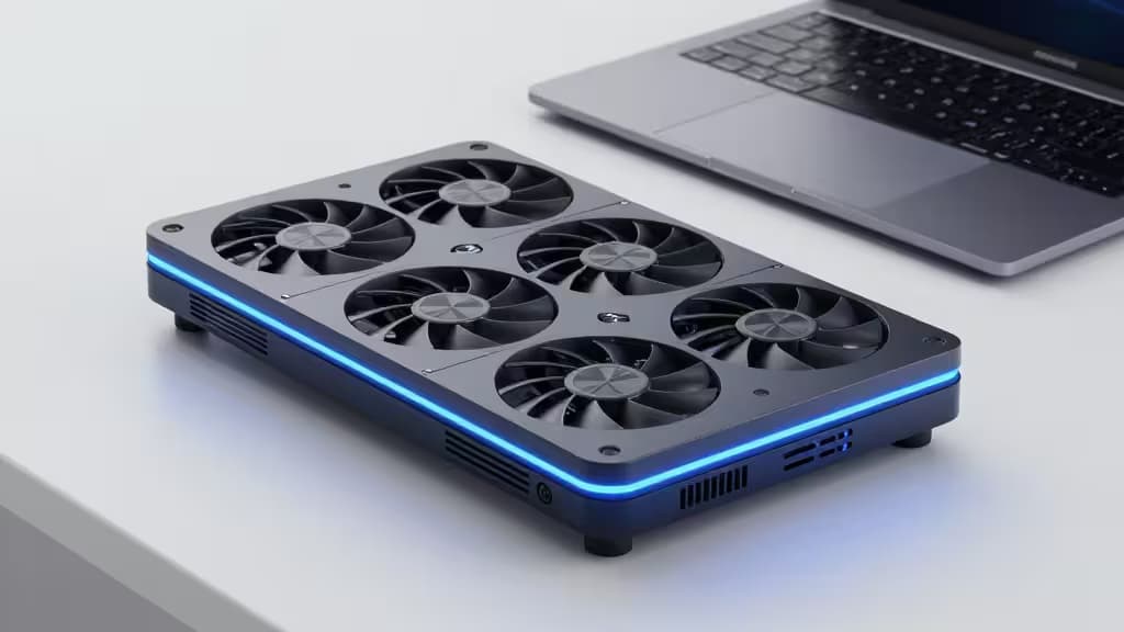 Schwarzer Laptop-Kühler mit sechs Lüftern und blauen LED-Leuchten neben einem MacBook Pro auf einem Schreibtisch.