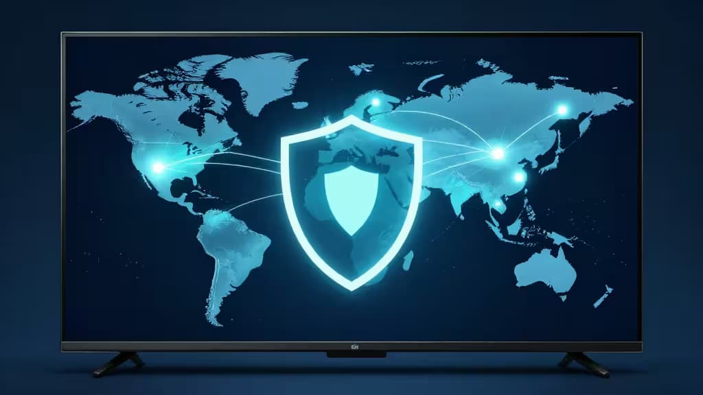 Ilustración abstracta de un televisor inteligente con un mapa mundial y un icono de escudo, representando conexiones de streaming seguras para Android TV.