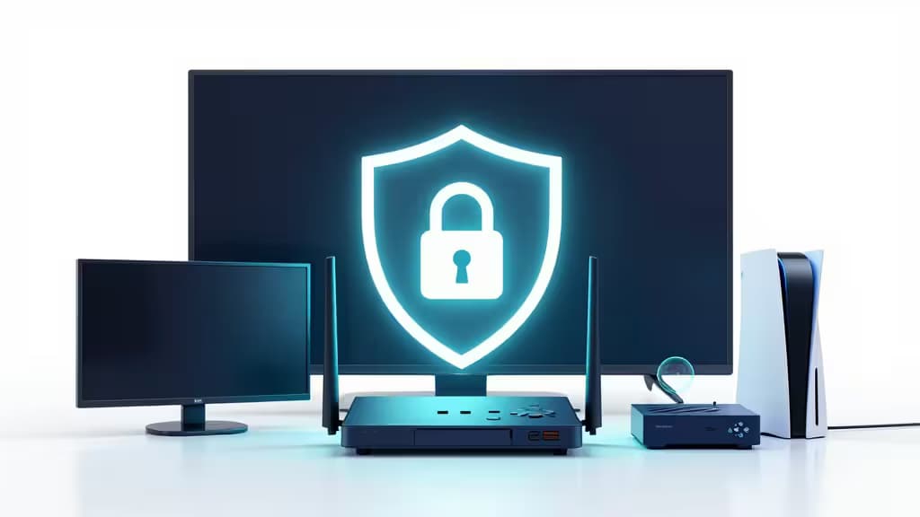 Ein leuchtender Sicherheitsschild schwebt über einem schlanken schwarzen Router und schützt verbundene Geräte wie Monitore und Konsolen auf einer weißen Oberfläche.