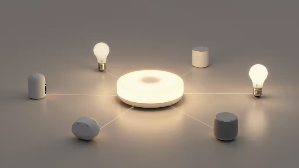 Abstrakte Darstellung eines Smart-Home-Hubs: ein leuchtendes zentrales Gerät auf einem Tisch, das über ein feines Fadennetzwerk mit umgebenden Smart-Home-Geräten verbunden ist.