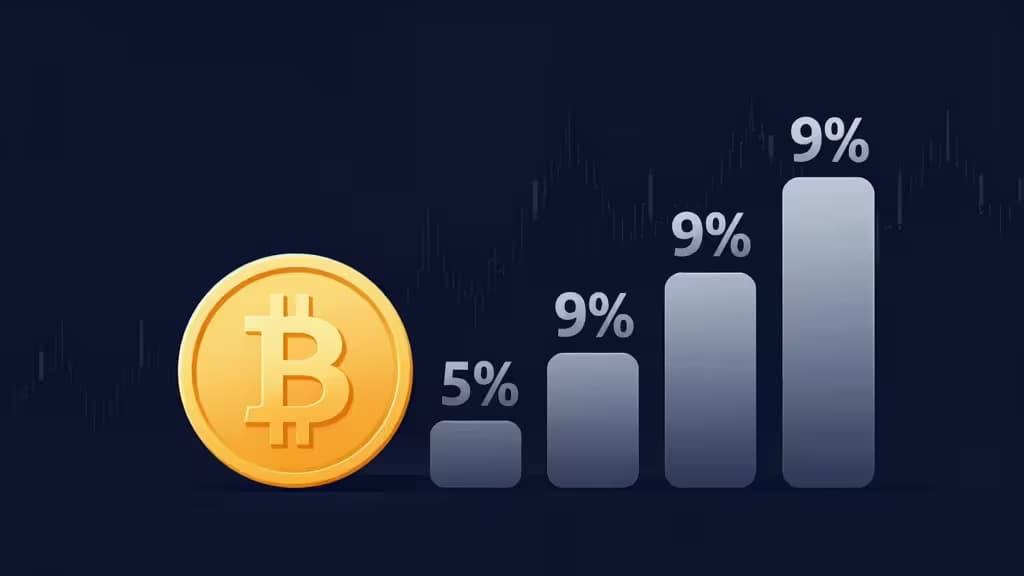 Een gouden Bitcoin-munt staat naast oplopende blauwe balken die percentagekosten voorstellen, op een donkere achtergrond met financiële grafieklijnen.