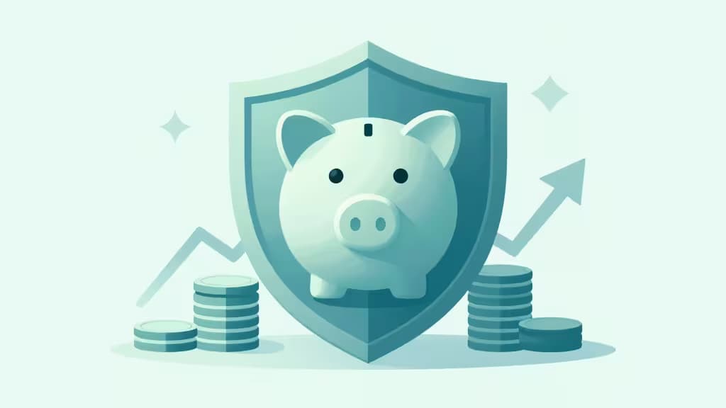 Abstract illustration of a shield protecting stacks of coins with upward growth arrows in muted blue and green tones