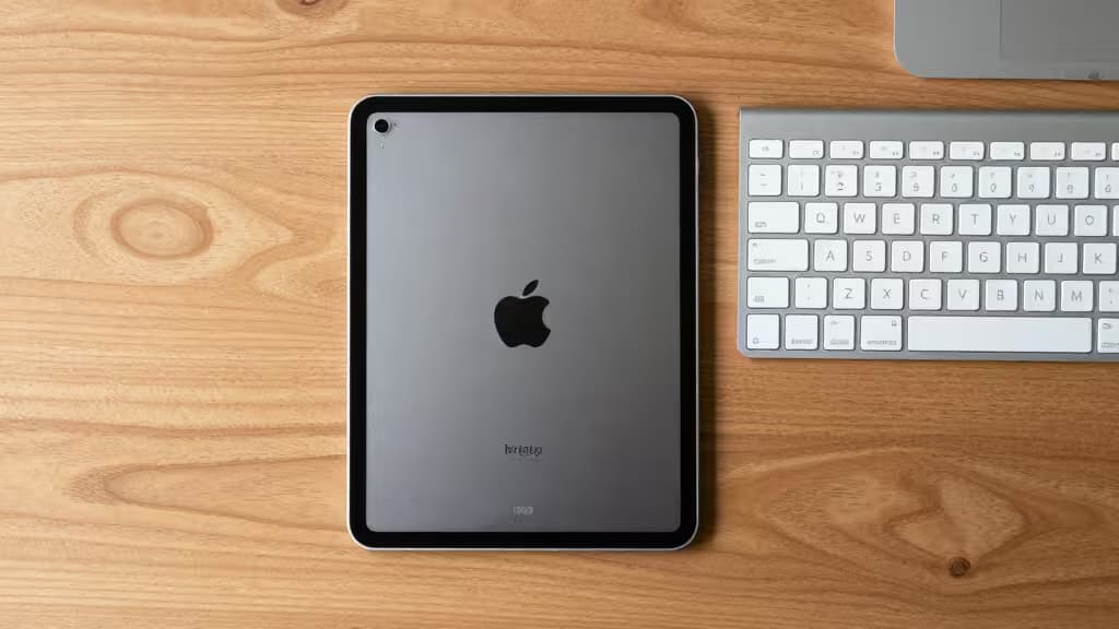 Silver iPad rests beside a compact white Bluetooth keyboard on a light wood desk.