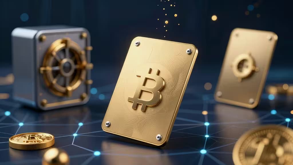 Gold Bitcoin plate stands between silver safe and golden card on blue network grid.