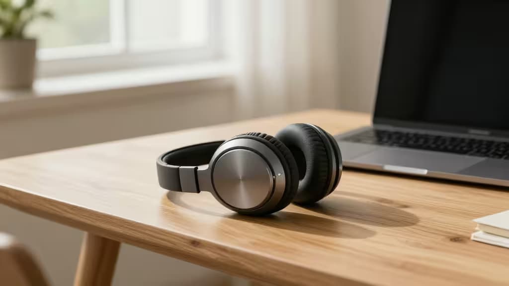 Black and silver over-ear headphones rest on a light wood desk beside a laptop, bathed in soft natural light from a nearby window.