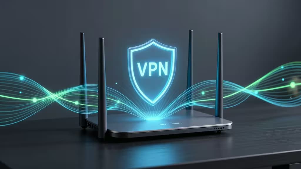 Чёрный роутер с четырьмя антеннами проецирует светящийся синий VPN-щит и потоки данных, символизируя защищённое шифрование домашней сети.
