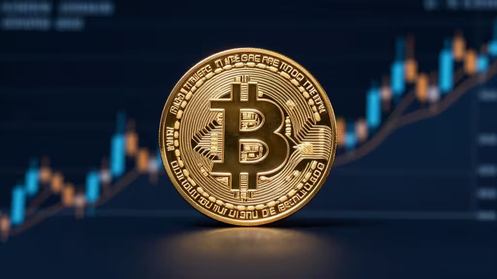 A gleaming gold Bitcoin coin stands sharply in focus against a blurred, rising blue and orange stock chart.