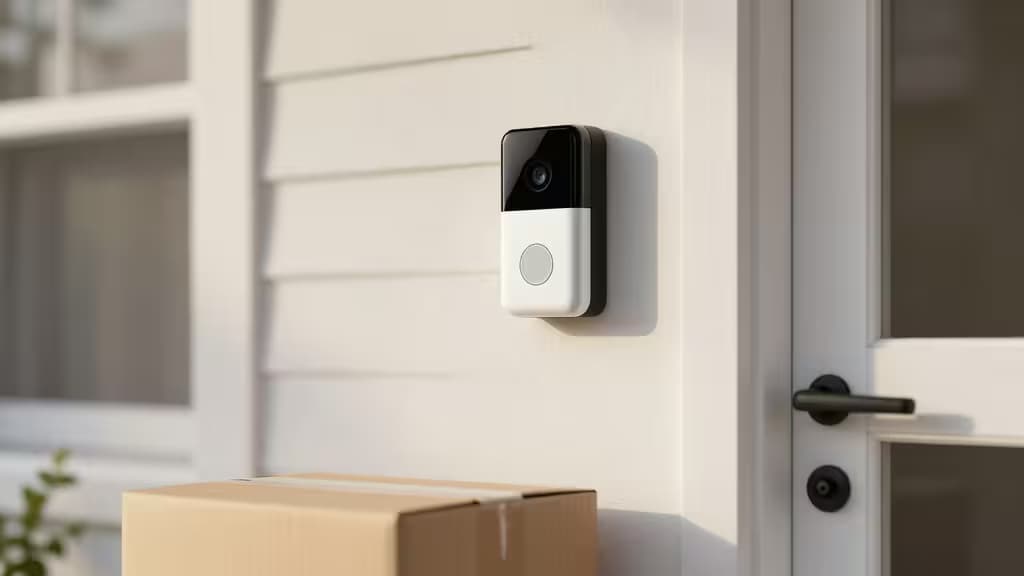 A modern video doorbell mounted on a front porch with a delivery package visible on the doorstep below in soft morning light.