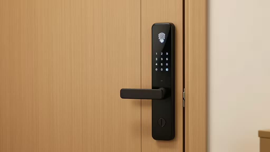 Sleek black smart lock with fingerprint and keypad on light wood door.