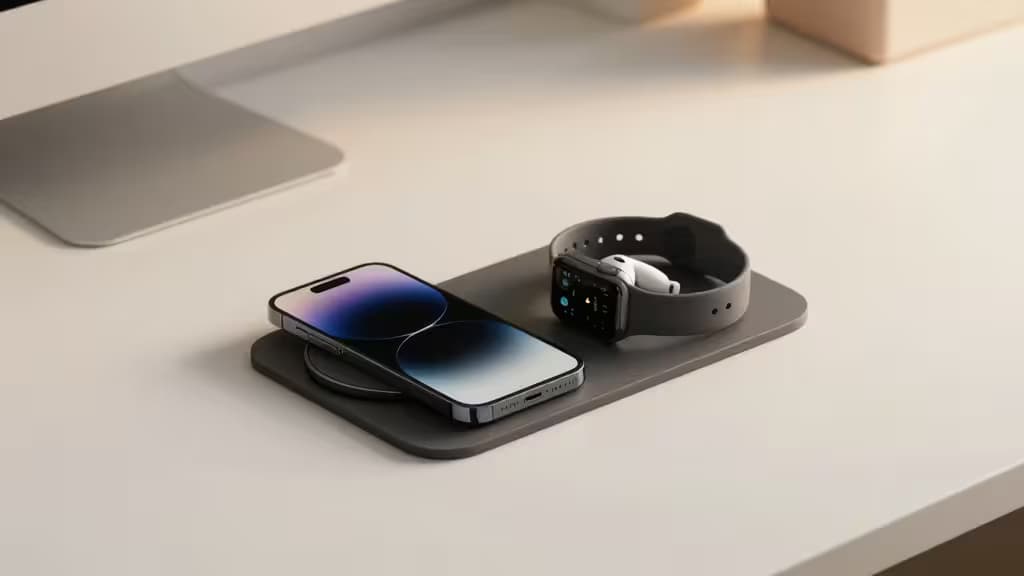 A minimalist desk with a 3-in-1 wireless charging station powering an iPhone, Apple Watch, and AirPods under soft warm lighting.