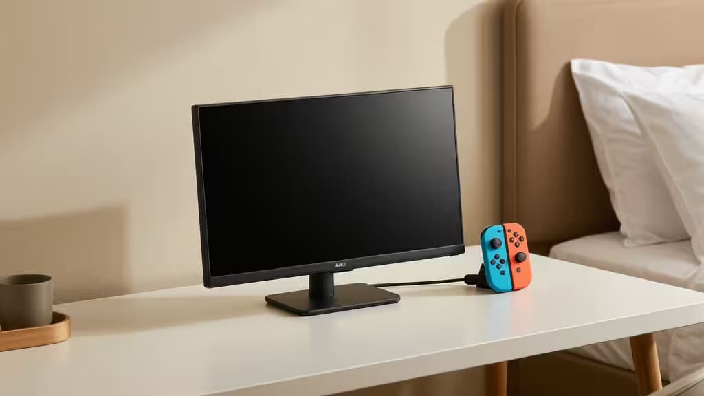 Портативный монитор на белом столе рядом с док-станцией Nintendo Switch — компактный дизайн и подключение по HDMI.