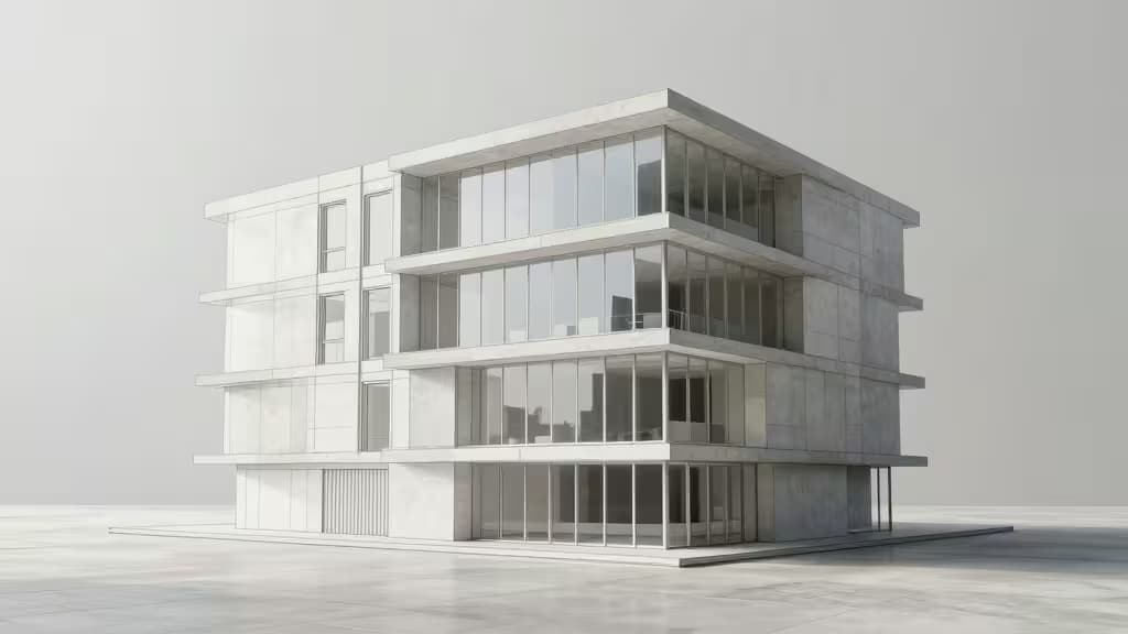 Modernes Beton- und Glasgebäudemodell mit fotorealistischer Beleuchtung und Reflexionen.