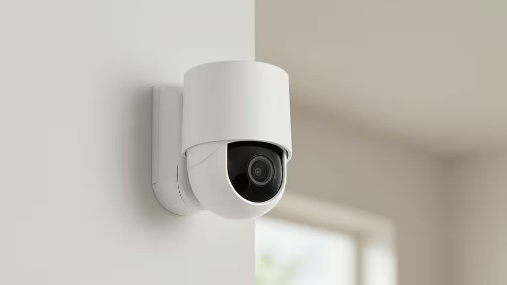 Een strakke witte beveiligingscamera met een zwarte lens gemonteerd op een minimalistische muur.