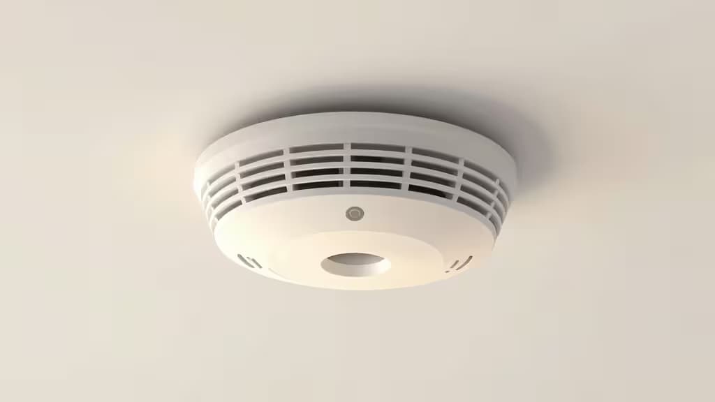 Illustration éditoriale d'un détecteur de fumée intelligent monté au plafond dans une maison moderne