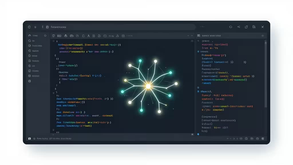 Abstract illustration of a dark-themed code editor interface with split-screen frontend and backend panels connected by glowing neural network lines in teal and amber