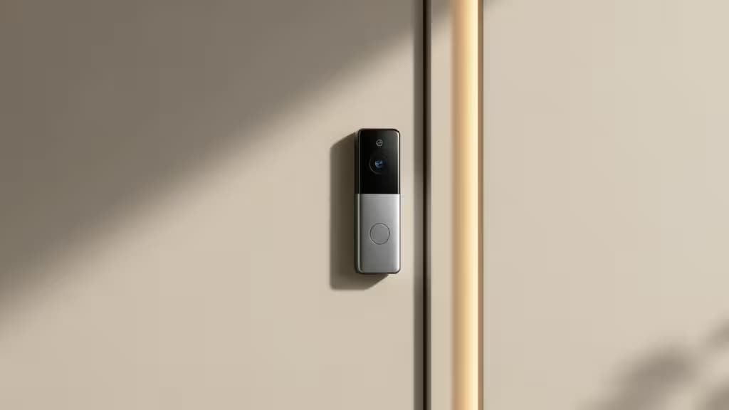 Sleek black-and-silver smart doorbell mounted on minimalist beige door, bathed in warm sunlight.