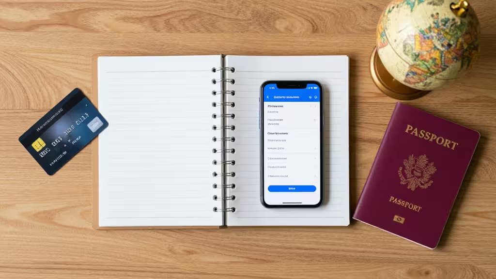 Un smartphone affichant une application bancaire posé sur un carnet à côté d'un passeport et d'une carte de crédit.