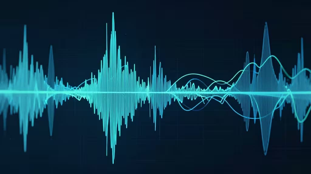 Glowing cyan waveforms and line graphs visualize time-series data against a dark blue background.