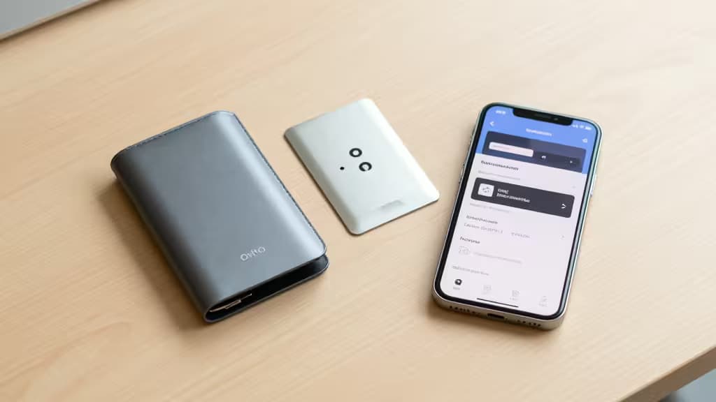 Una billetera hardware Qredo gris, una tarjeta de respaldo metálica blanca y un smartphone mostrando una app crypto descansan sobre una superficie de madera.