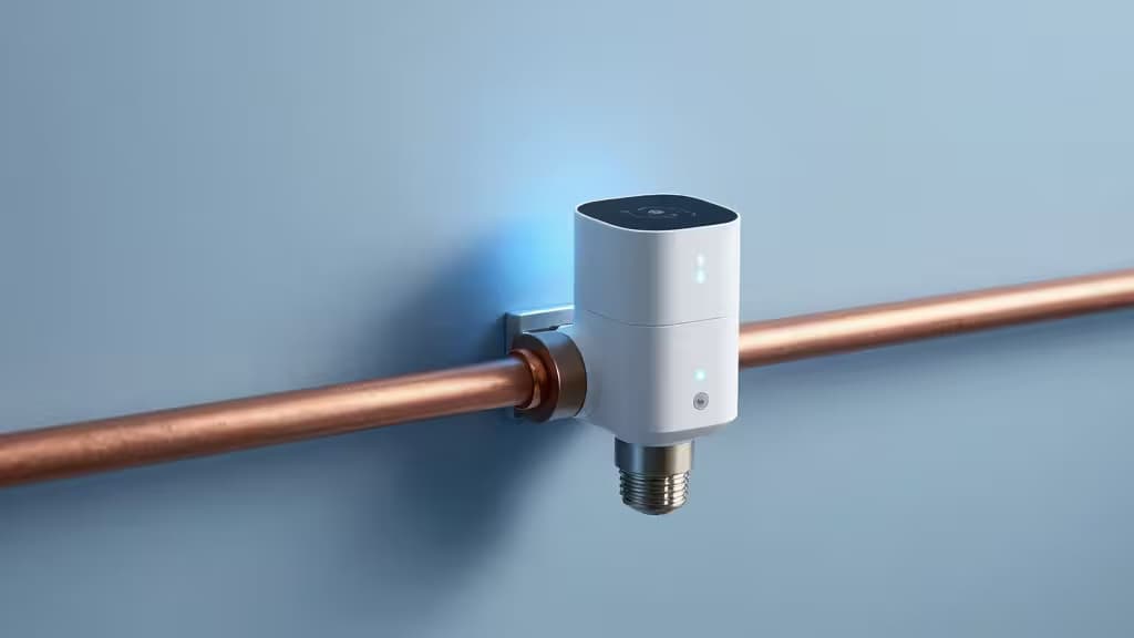 Vanne intelligente blanche avec LED bleue sur tuyauterie en cuivre devant un mur bleu clair, illustrant la technologie de prévention des fuites pour toute la maison.