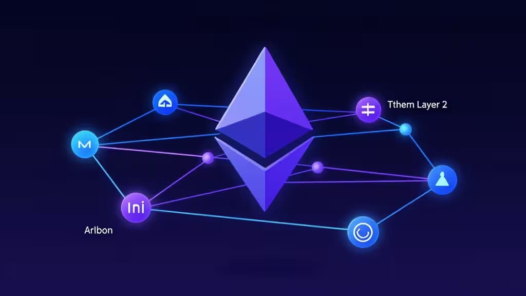 Glowing Ethereum diamond connects Layer 2 nodes via neon lines on dark blue background.